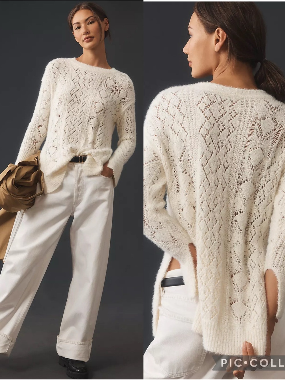 Pilcro for Anthropologie Cream Distress Stitch Longline Side Slit Sweater sz L